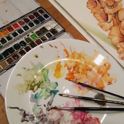 Mixing Surface, Studio Watercolor Palette and corner of Gladiolus painting
